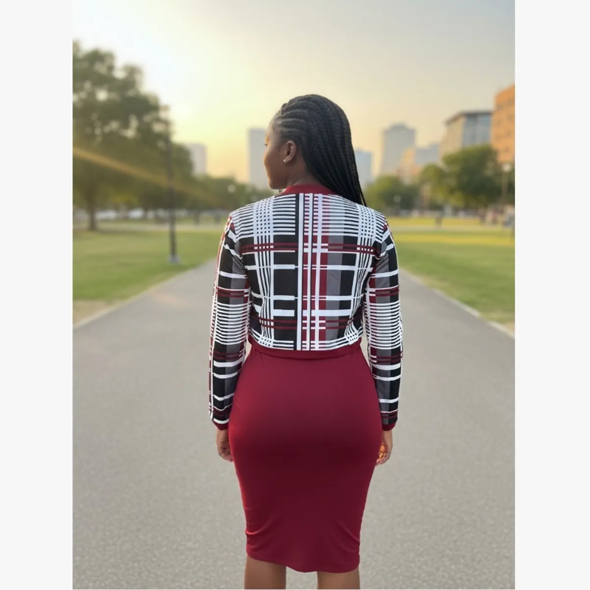 Women's Red & White Plaid Bodycon Dress With Coat Set -Size S