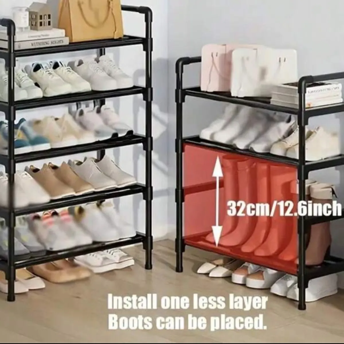 Four-Tier Stackable Shoe Rack, Black Metal Shoe Shelf Unit