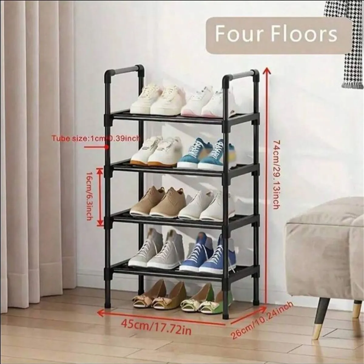 Four-Tier Stackable Shoe Rack, Black Metal Shoe Shelf Unit