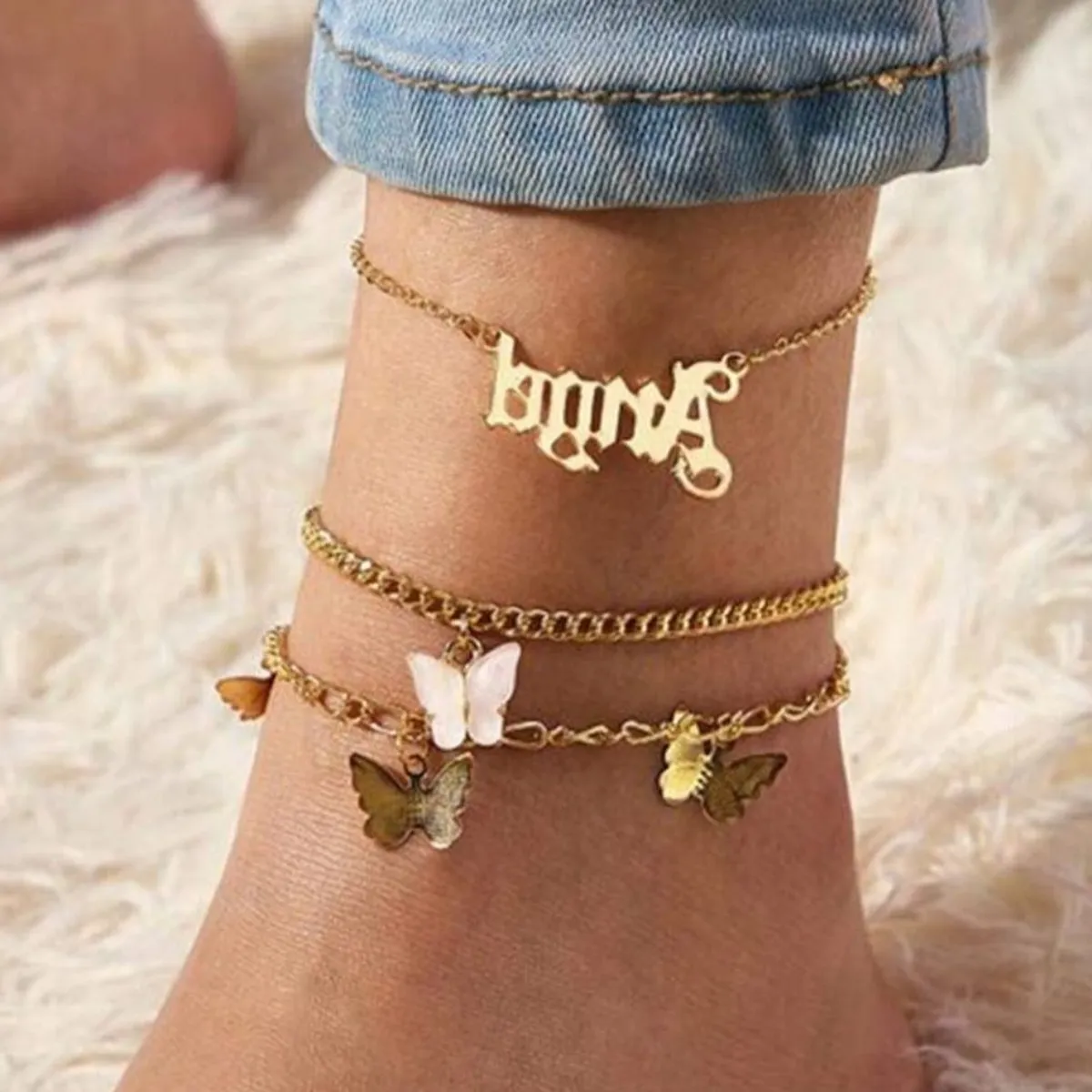 Opal Rose Gold Fashion Anklets Gold Butterfly Duo Anklet