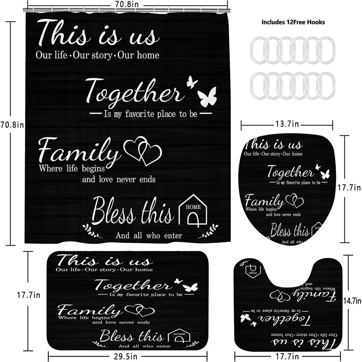 Family Shower Curtain Set Black Home Bathroom Set