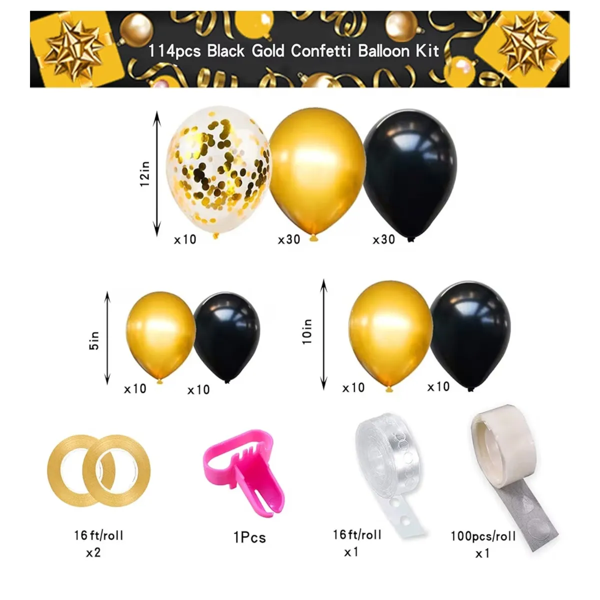 114 Pcs 12''10''5''Black Gold Confetti Latex Balloon