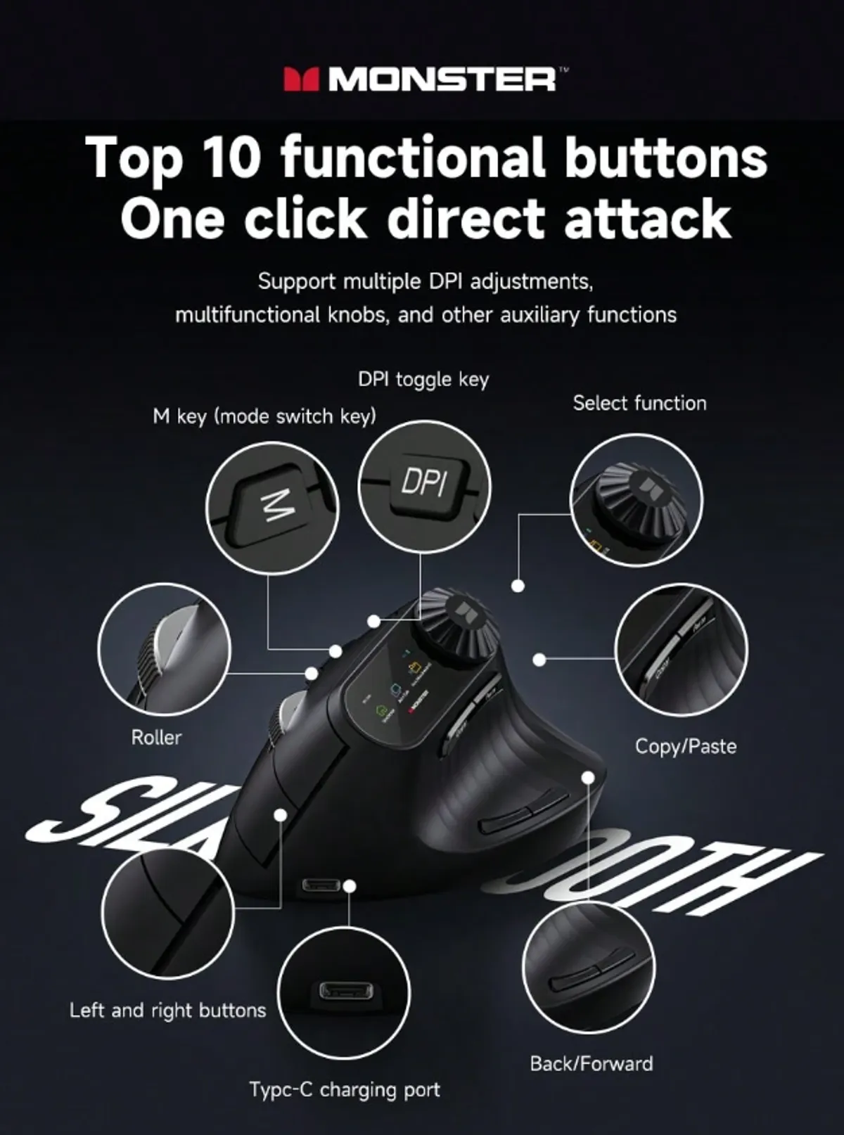Monster M2MAX Ergonomic Rechargeable Wireless Vertical Mouse (BLK)