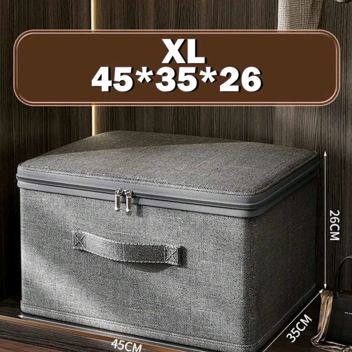 1pc Solid Grey Foldable Washable Storage Box With Lid-Size XL