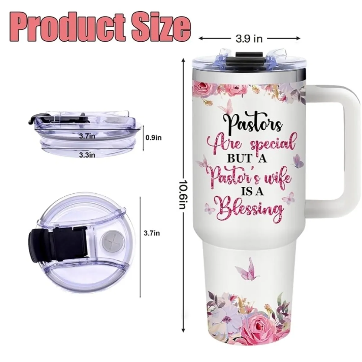 40oz Pink & White Pastor Wife Tumbler with Handle