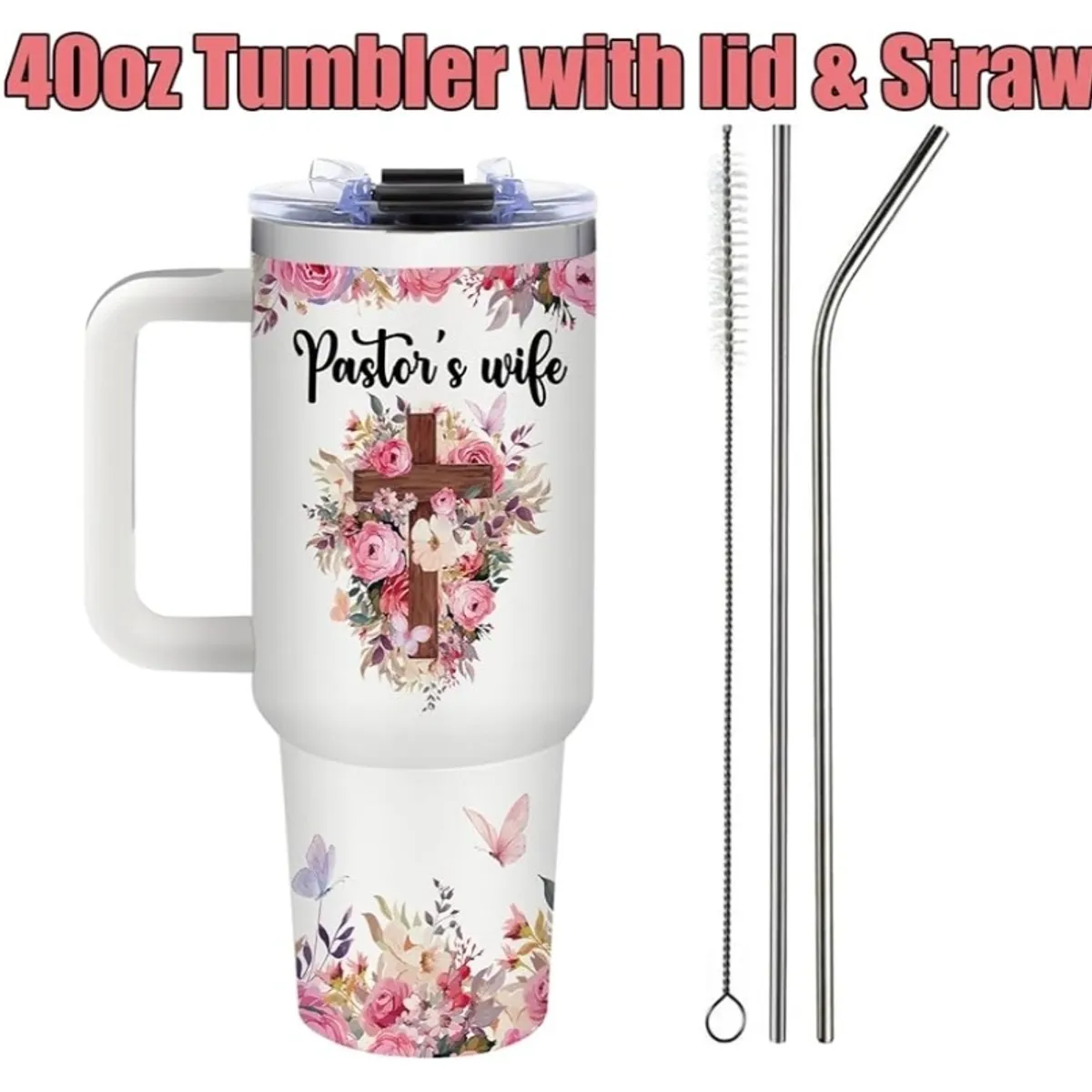 40oz Pink & White Pastor Wife Tumbler with Handle