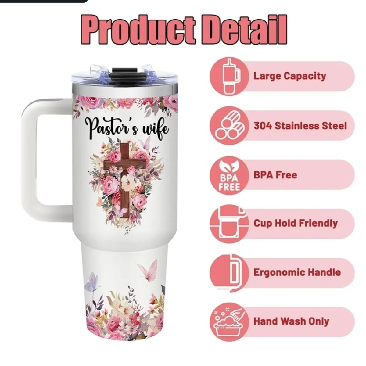 40oz Pink & White Pastor Wife Tumbler with Handle