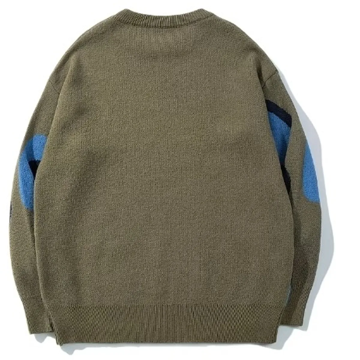 Unisex Color-Blocking Green  Round-Neck Long-Sleeve Pullover Knit Sweater-Size M