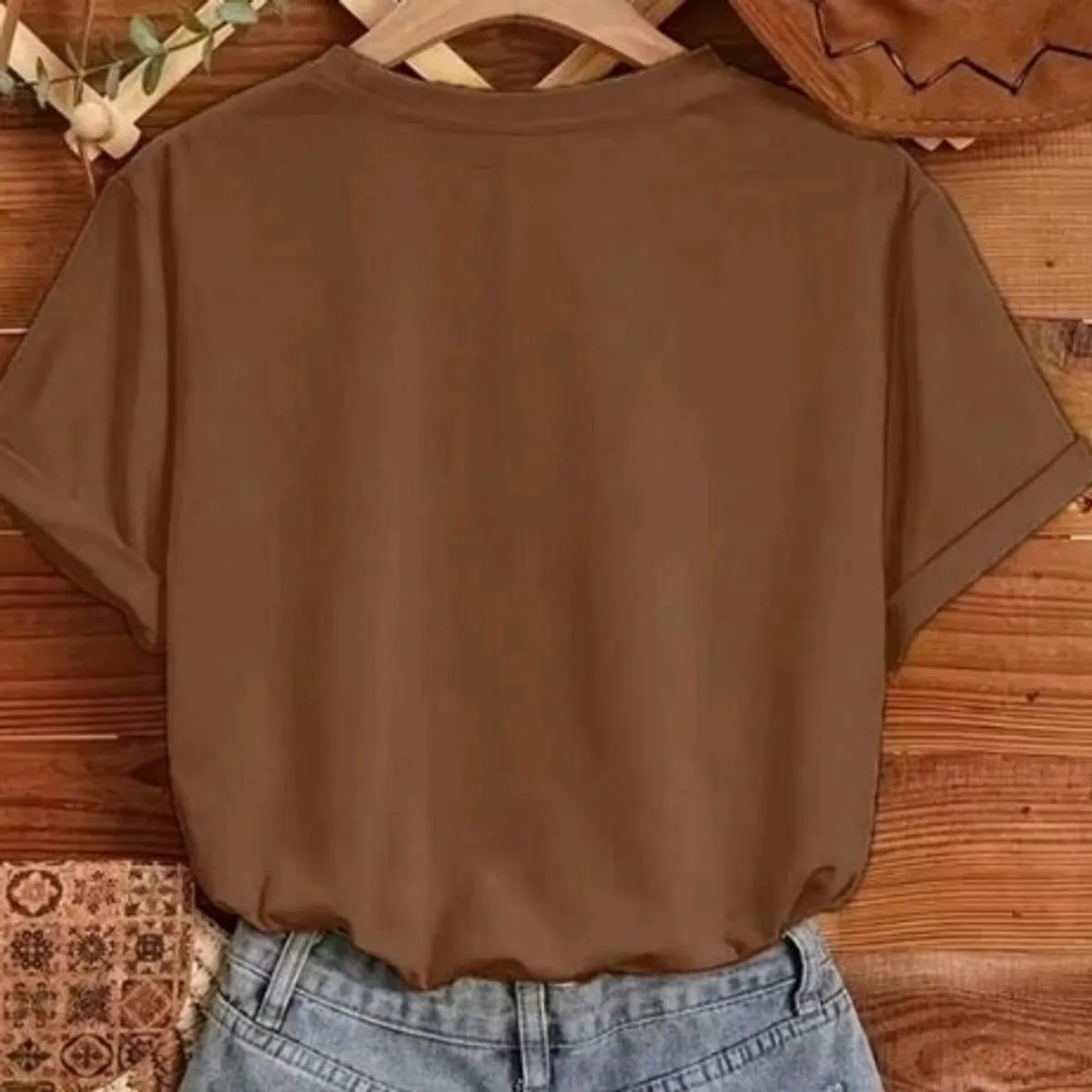 Women's Brown 100% Cotton Short Sleeve Butterfly Moon And Stars Pattern-Size M