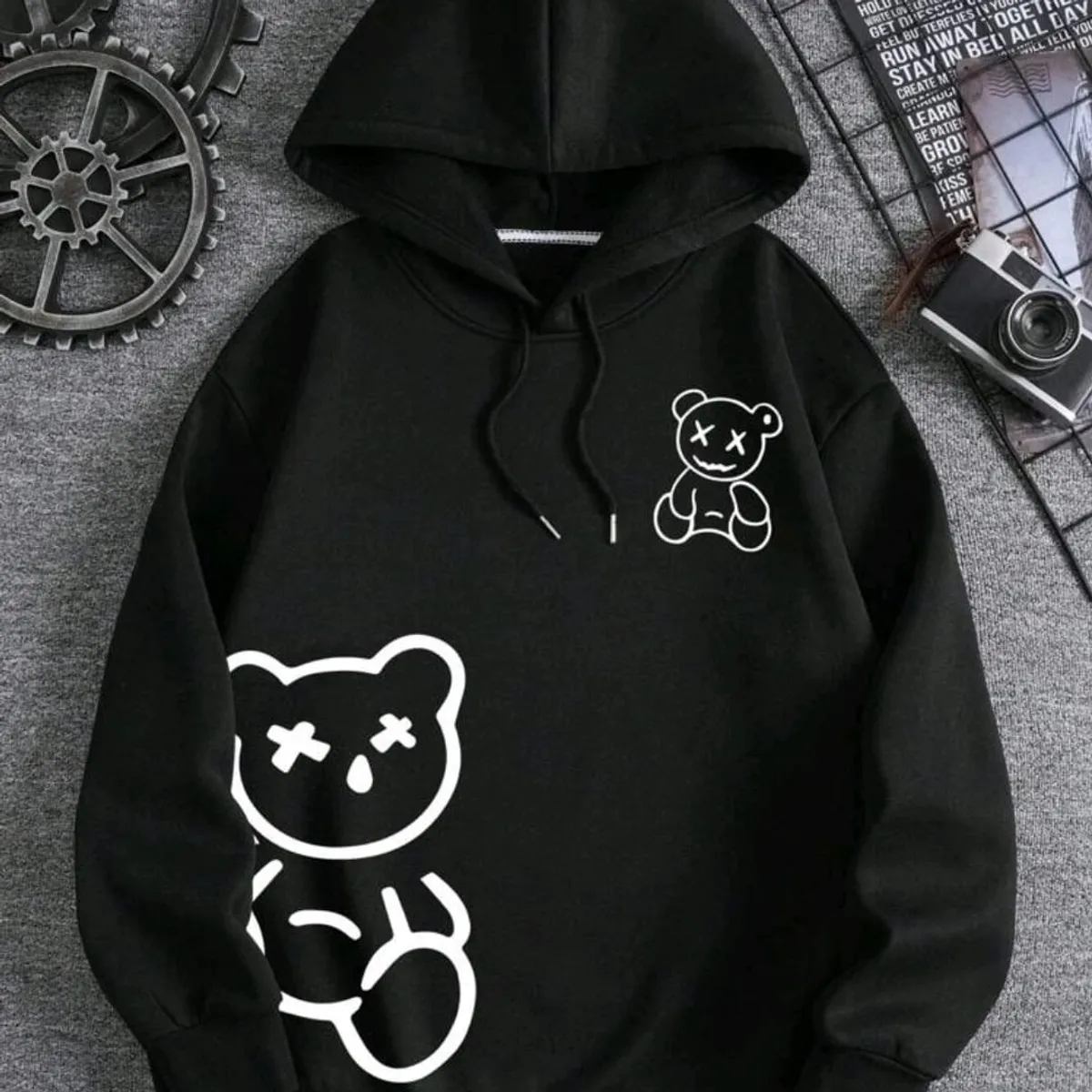 Manfinity Men Bear Print Drawstring Thermal Lined Hoodie, For Fall Winter, Long Sleeve Top-Size M