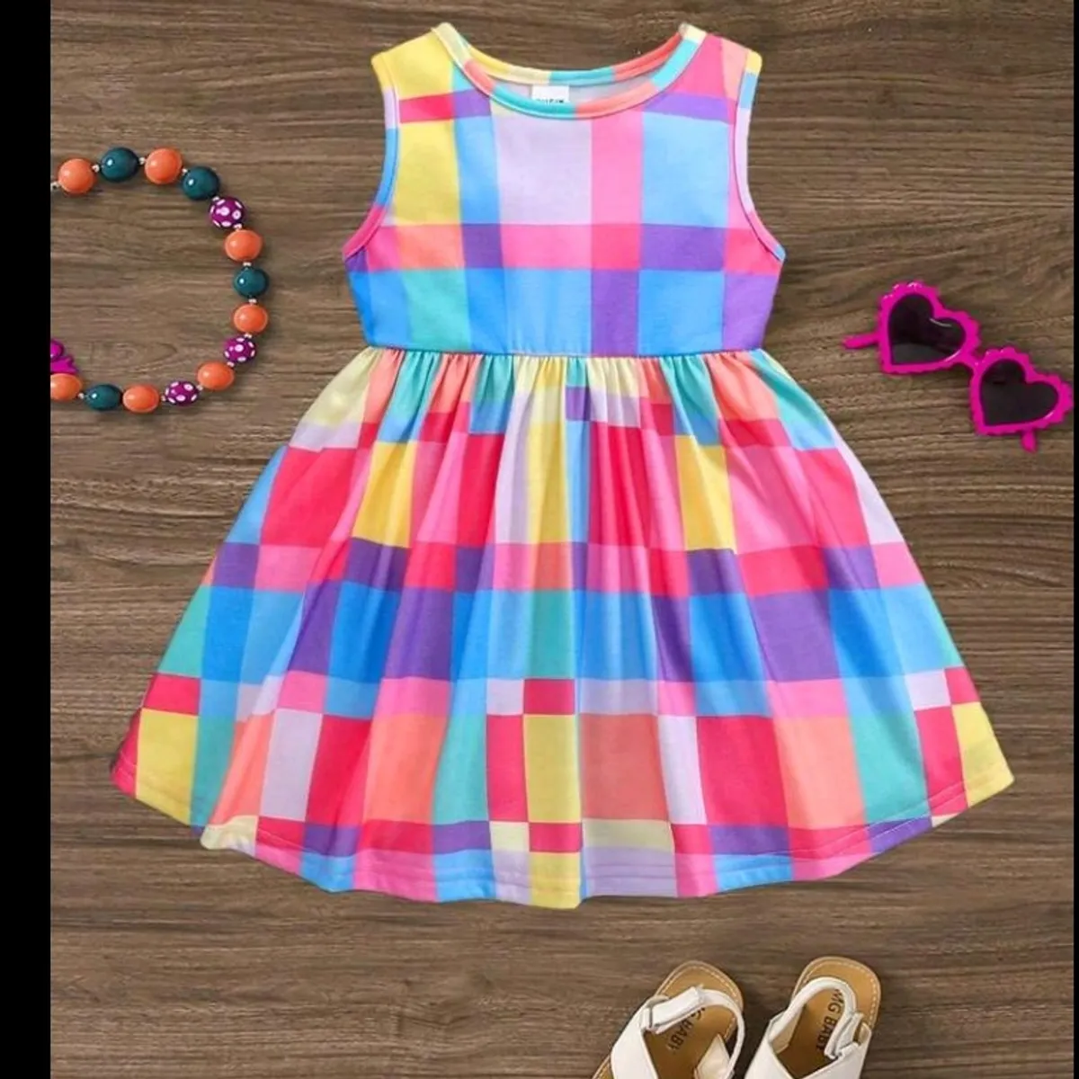 Baby Girl Summer Cute Knitted Colorful Plaid Dress - Size 7Y