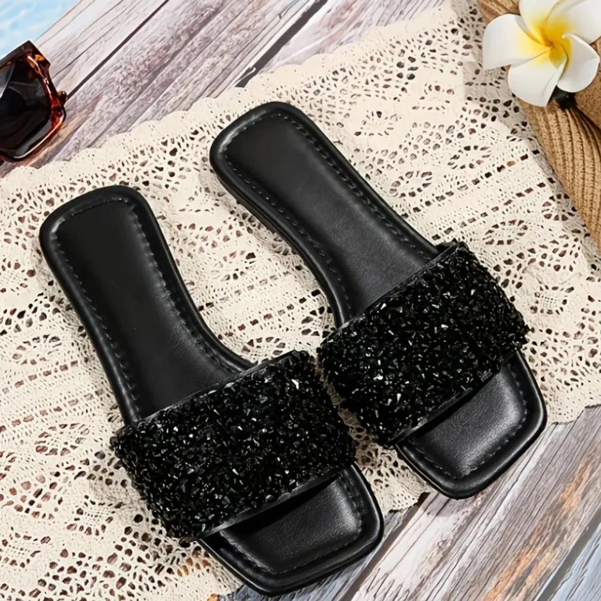 Ladies' Black Starry Rhinestone Pearl Flat Sandals - Ultra-Shiny High-Transparency Diamonds That Enhance Unparalleled Beauty., Women Shoes - Size 6.5