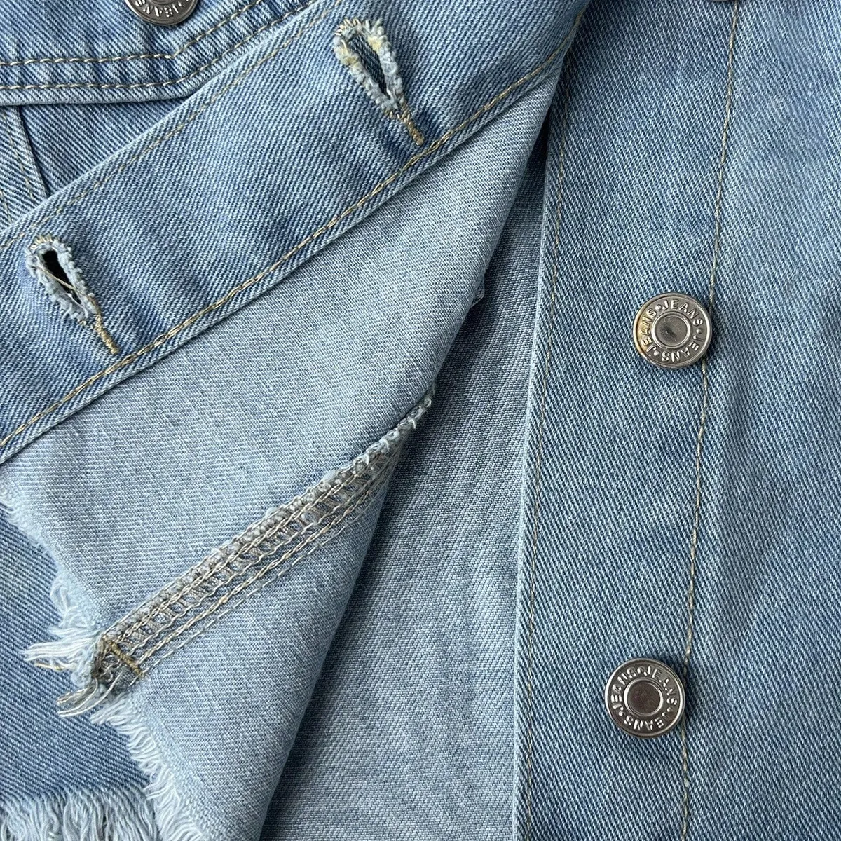 Casual Distressed Washed Raw Edge Cropped Denim Jacket-Size L