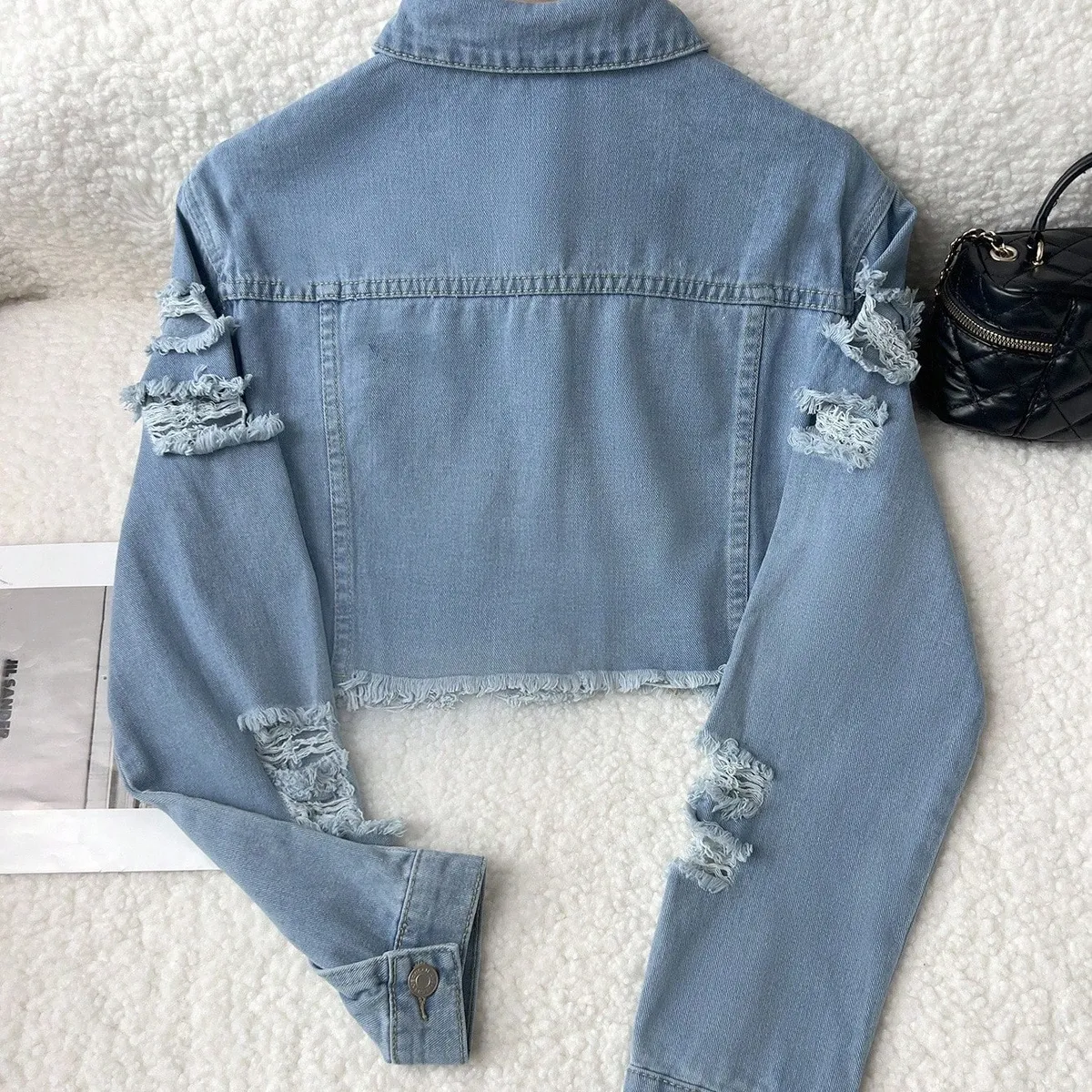 Casual Distressed Washed Raw Edge Cropped Denim Jacket-Size L