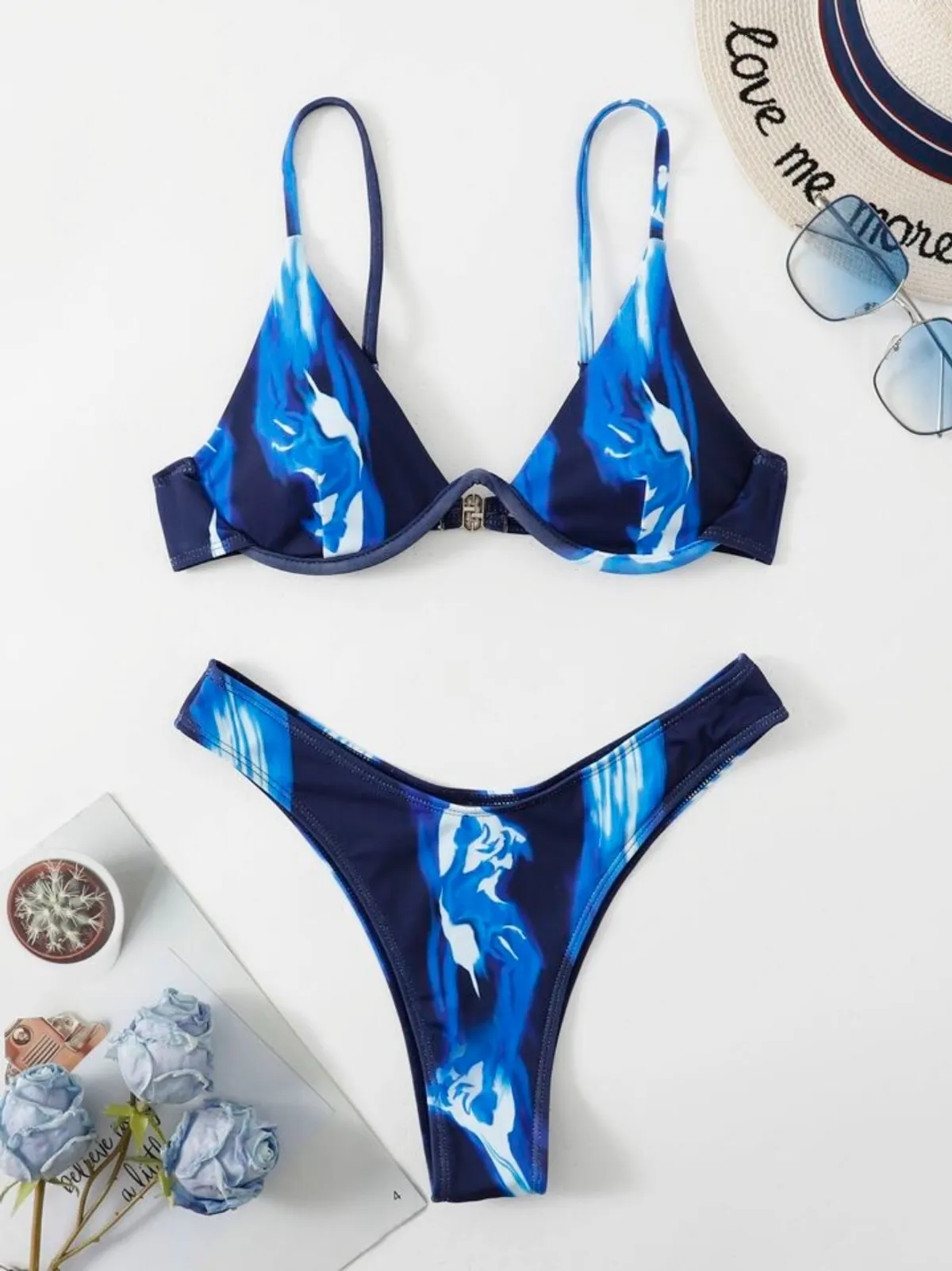 Swim Summer Beach Graphic Print Bikini Set Underwire Bra Top & High Cut Bikini Bottom 2 Pieces Bikini - Size S