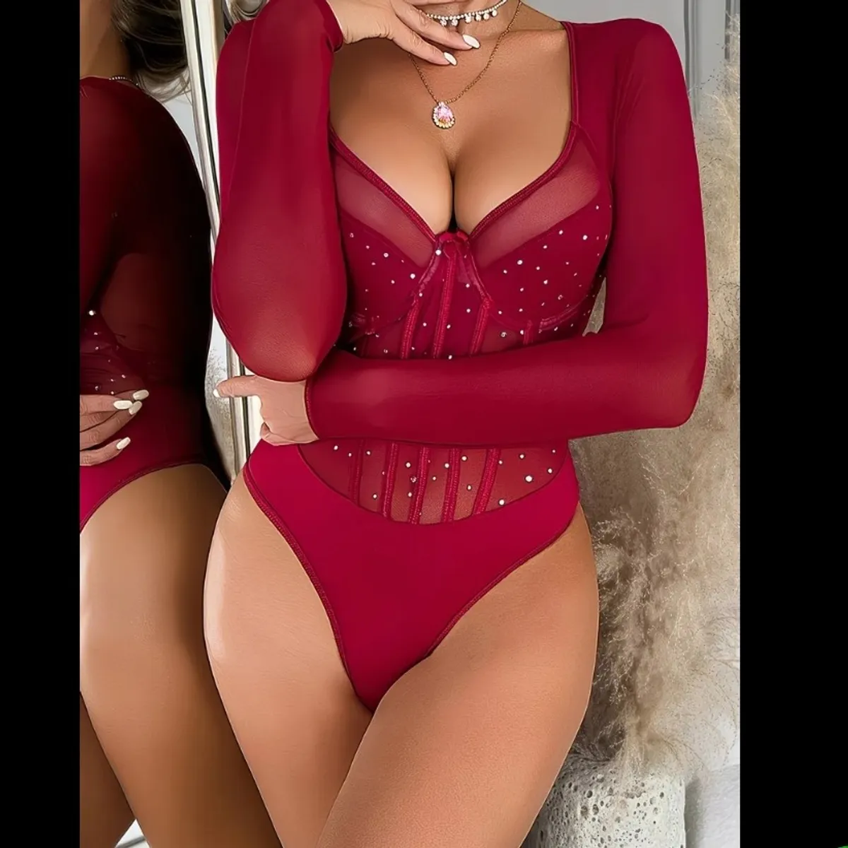 Single Piece Sexy Deep V-Neck Rhinestone Long Sleeve Bodysuit | Elegant Performance Wear - Size M