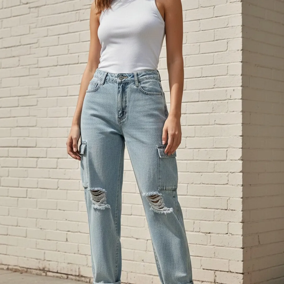 Women Blue Distressed Boyfriend Jeans-Size S