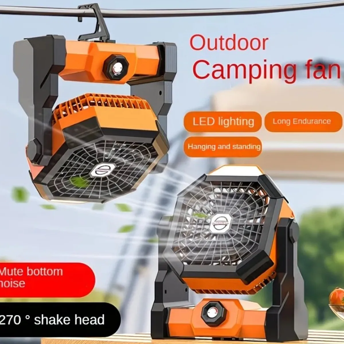 Multifunctional Outdoor Fan with LED Lighting, 7800mAh USB Rechargeable Lithium Battery, 270° Oscillating Head