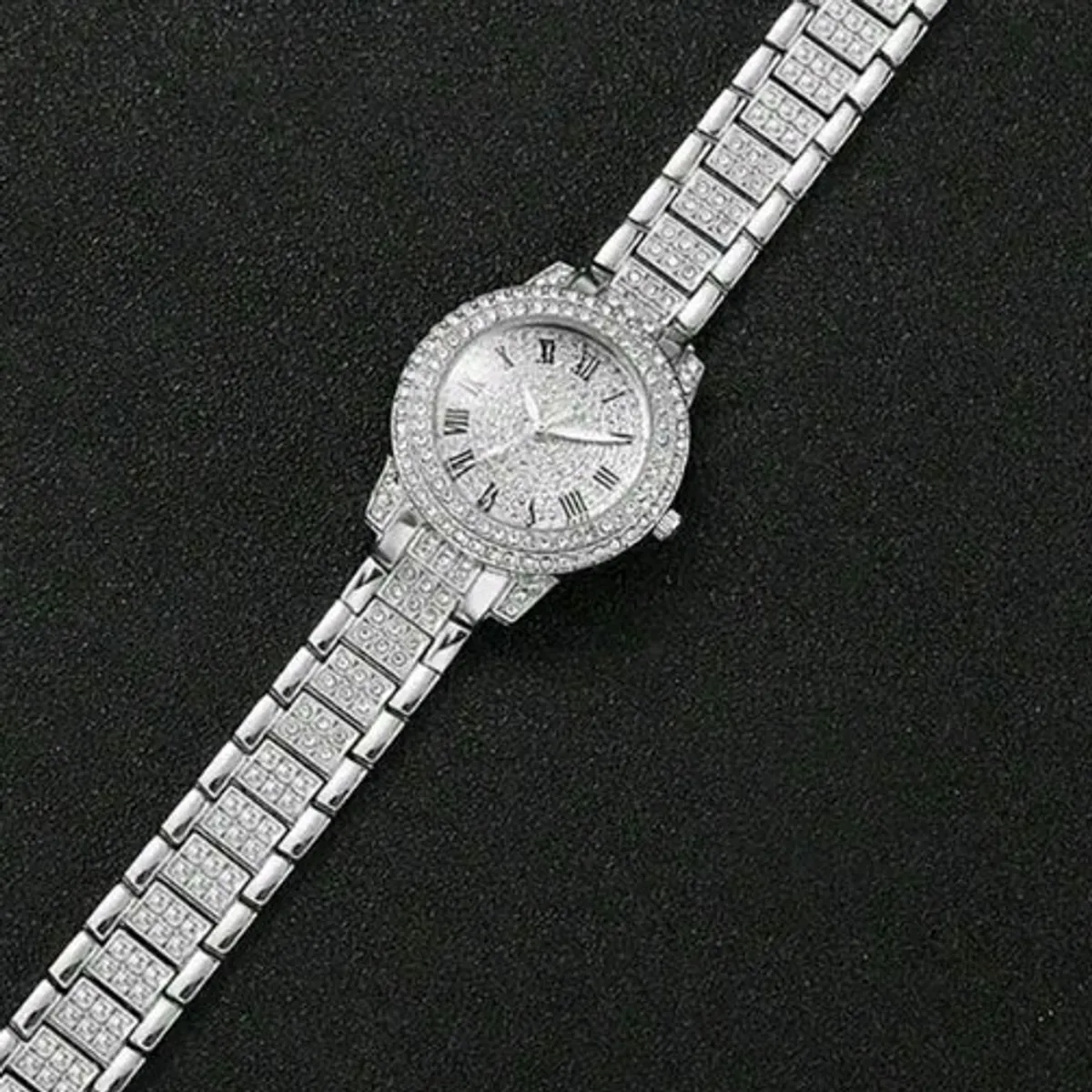 2pcs Set: Sliver Alloy Diamond-Encrusted Quartz Watch & Cuban Link Bracelet