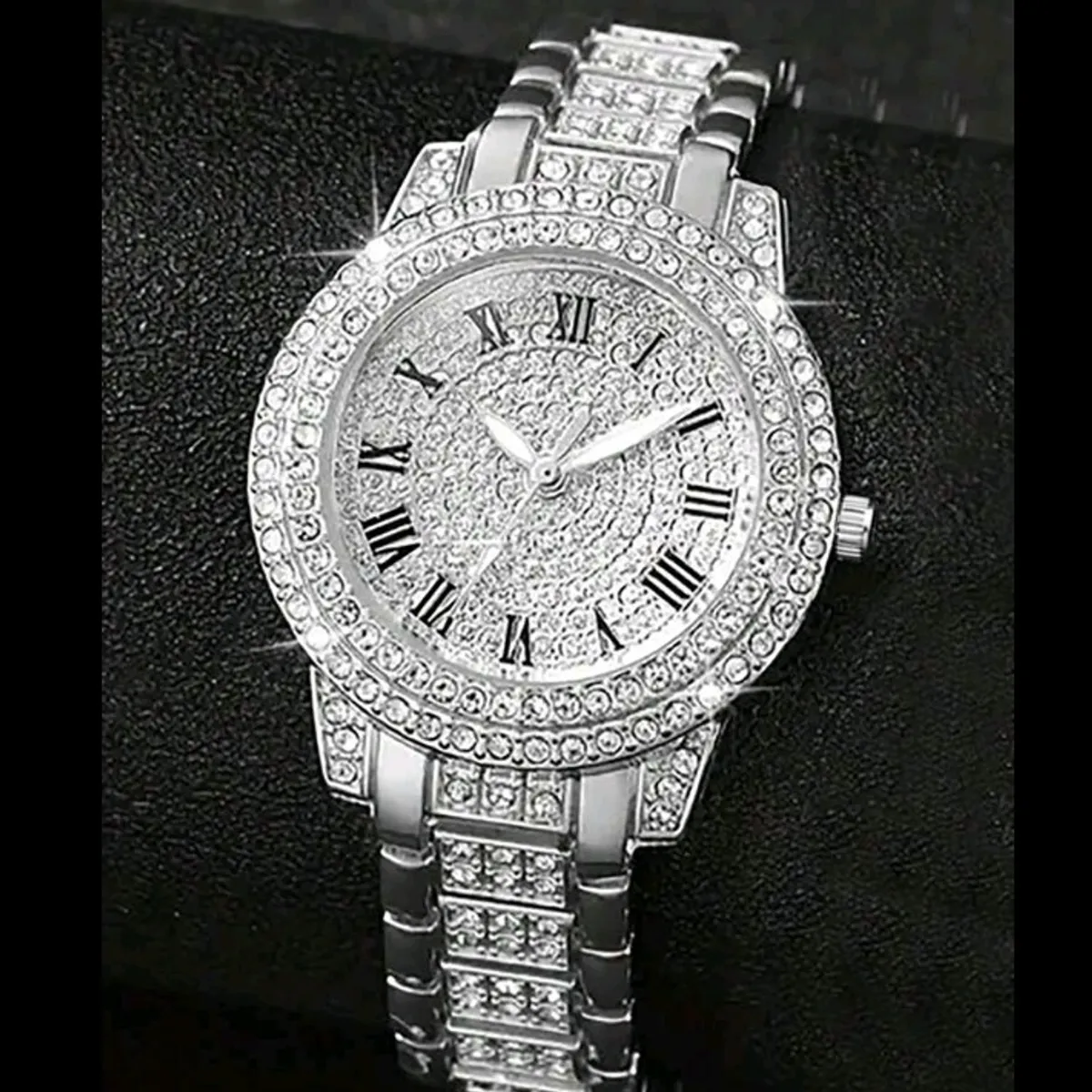 2pcs Set: Sliver Alloy Diamond-Encrusted Quartz Watch & Cuban Link Bracelet
