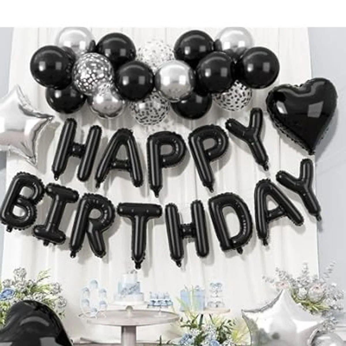 72 Pcs Black Birthday Mix Size Balloons, Black, White And Gold
