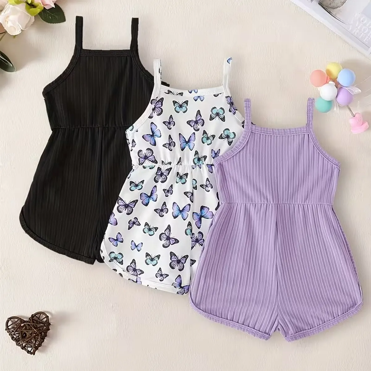 Baby Girl Summer Jumpsuit Fashion New Solid Color Rib Butterfly Print Allover Print Girl Cute Suspender Jumpsuit 3pcs Set-Size 12-18M