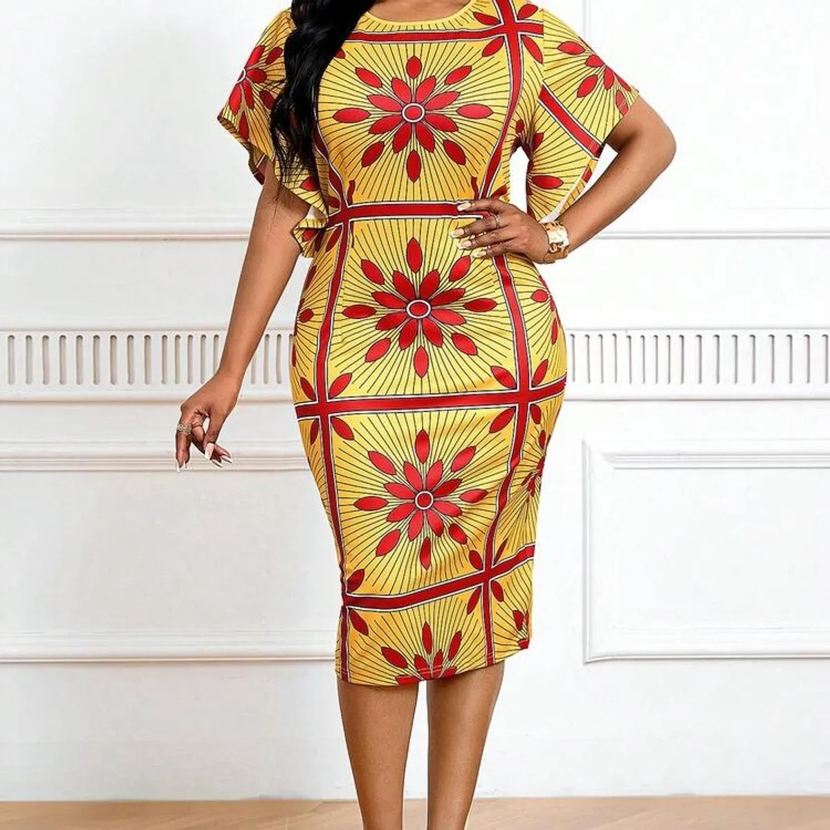 Lady Plus Size Women's Slim Fit Knee Length Country Music Festival Summer Dress with Ruffle Sleeves and Round Neck-Size 1XL
