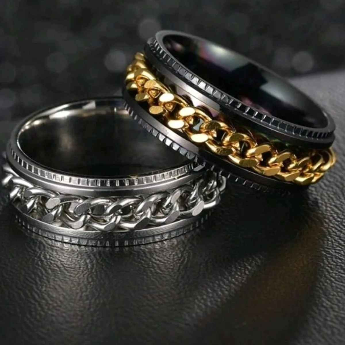 Men's 5pcs  Two-Tone Chain Rotating Stainless Steel Stress-Relief Ring-Size 10