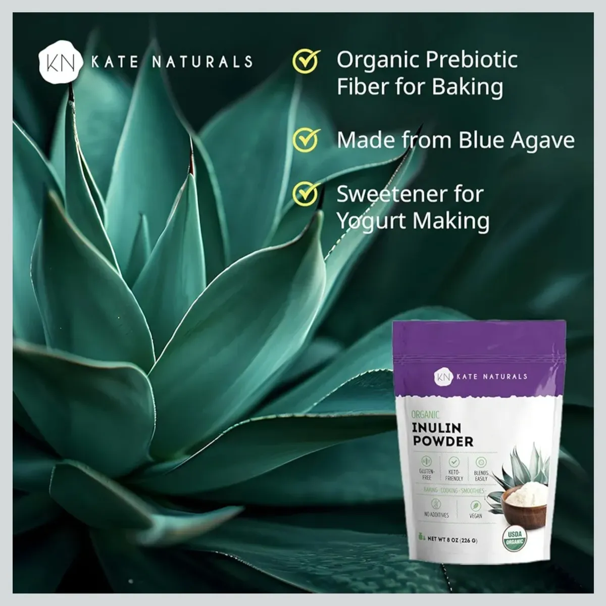 Kate Naturals Inulin Powder Organic from Blue Agave (8oz) Soluble Prebiotic Fiber for Coffee, Yogurt & Smoothies
