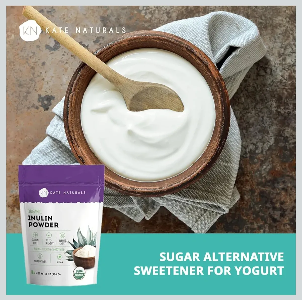 Kate Naturals Inulin Powder Organic from Blue Agave (8oz) Soluble Prebiotic Fiber for Coffee, Yogurt & Smoothies