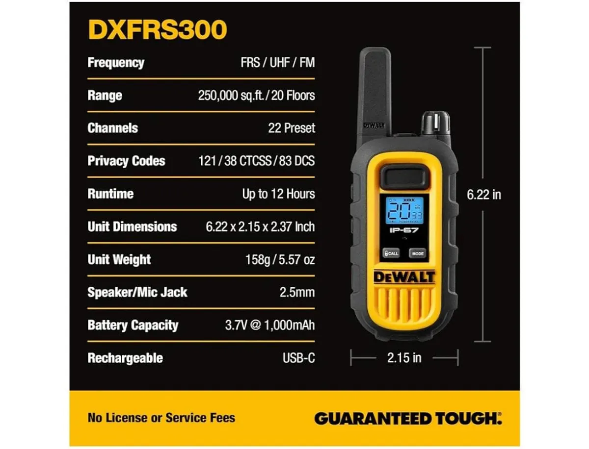 DEWALT 
2 Pack DXFRS300 FRS Walkie Talkies Long Range 2 Way Radio, 1 Watt, Waterproof & Rechargeable
