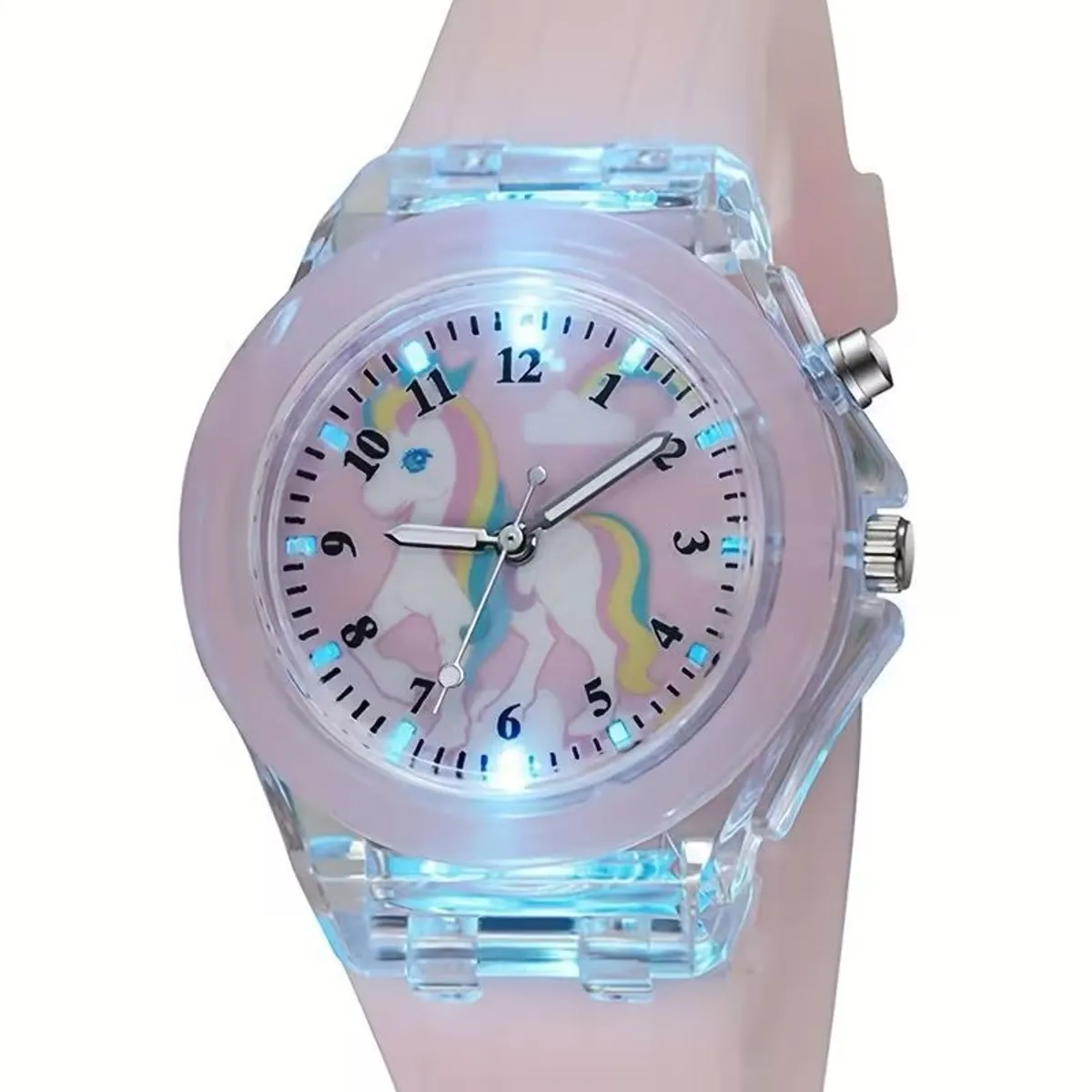2Pcs Girls' Pink Glow-In-The-Dark Watch With Unicorn Beaded Bracelet