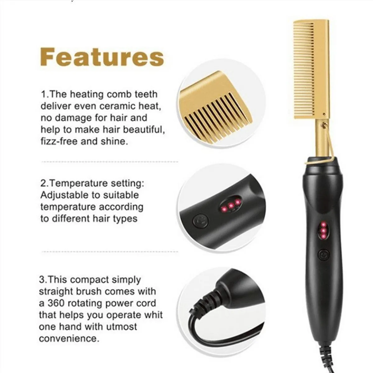 2in1 Black/Gold Hair Straightening Comb