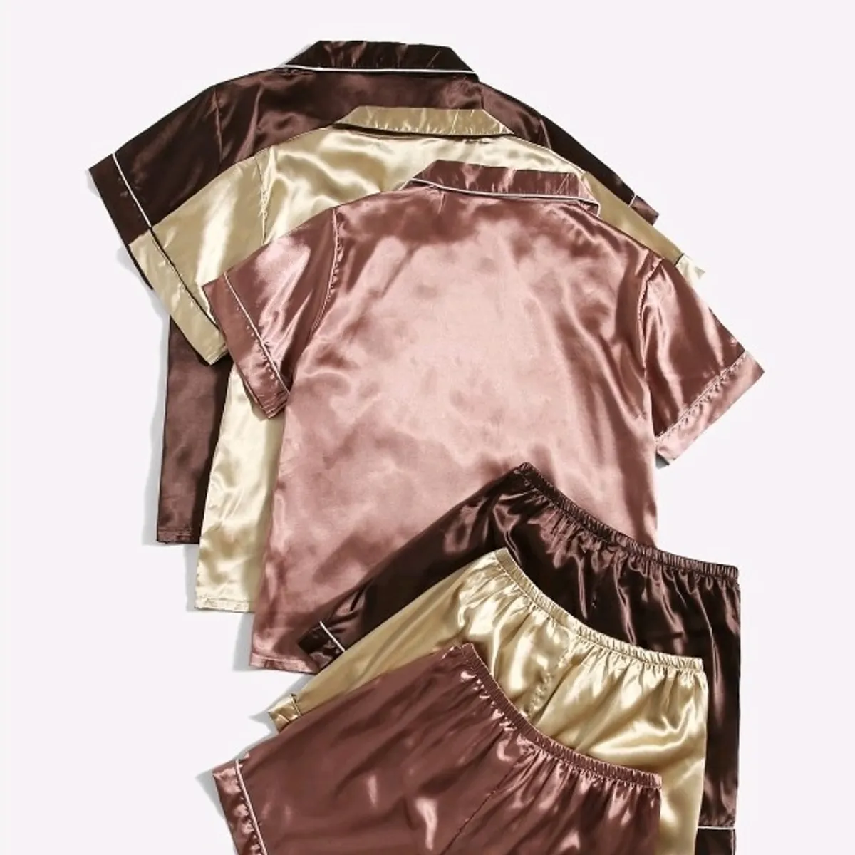 Women's 3pcs Set Contrast Piping Satin Blouse & Shorts PJ- Size S