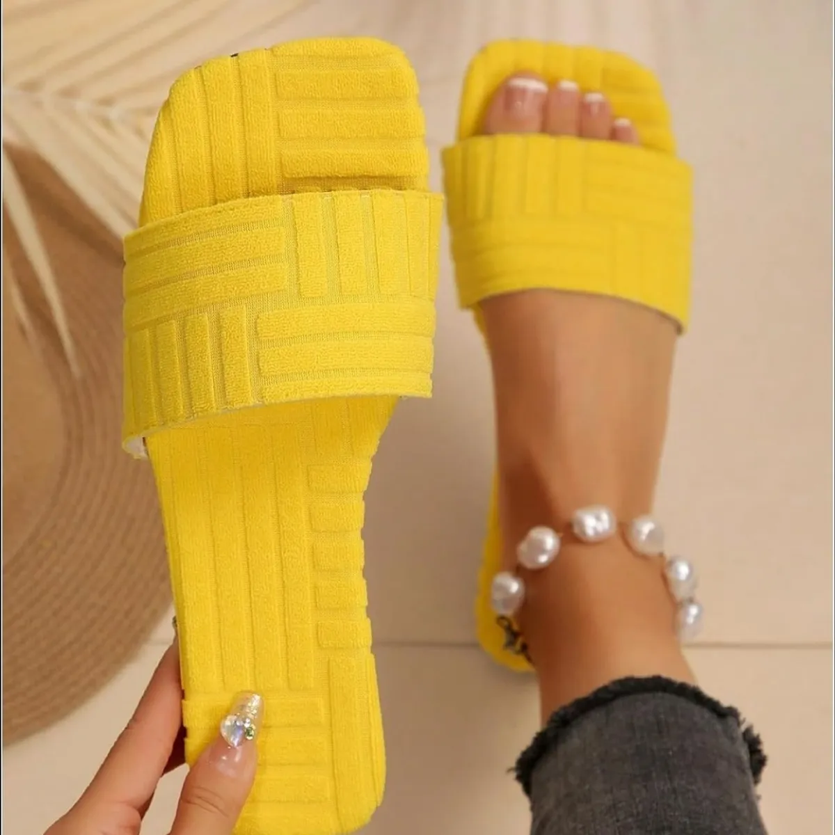 Women's Yellow Textured Square Toe Slide Sandal-Size 10