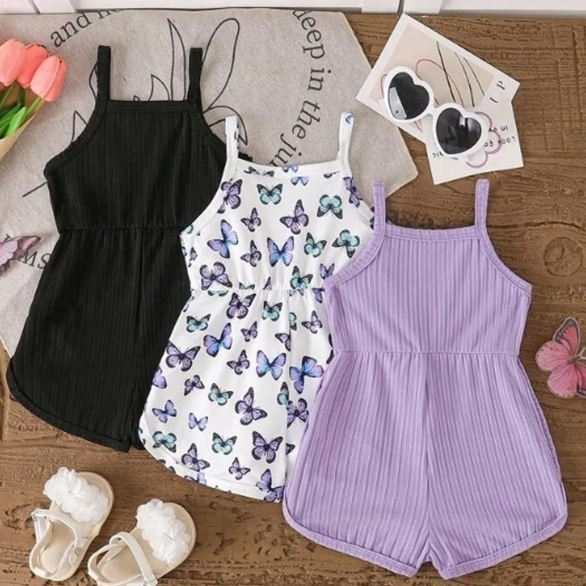 3pcs/Set Baby Girls  Butterfly Print Ribbed Jumpsuits-Size 6-9 M