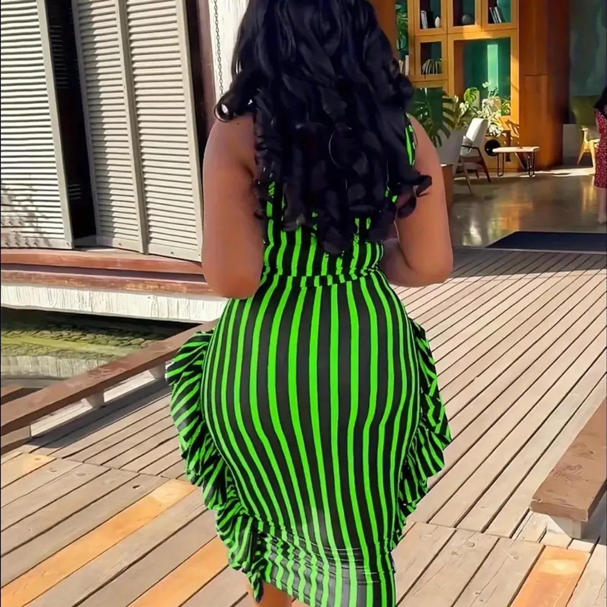 Women's Black & Green Two-Piece Striped  Round Neck Sleeveless Top with Ruffle Skirt Set-Size S