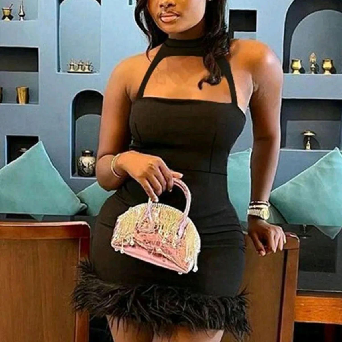 Ladies' Sexy Feather Trim Sleeveless Dress - Size: XS