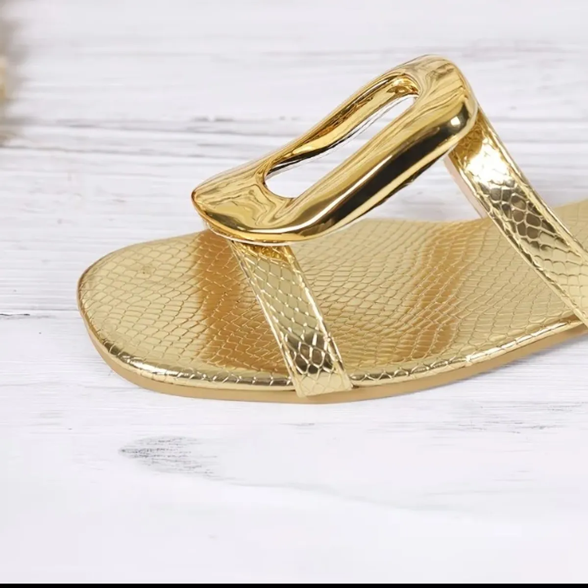 New Sequin Stripe Large Buckle Minimalist Square-toe Embellished Flat Slippers - Size 8