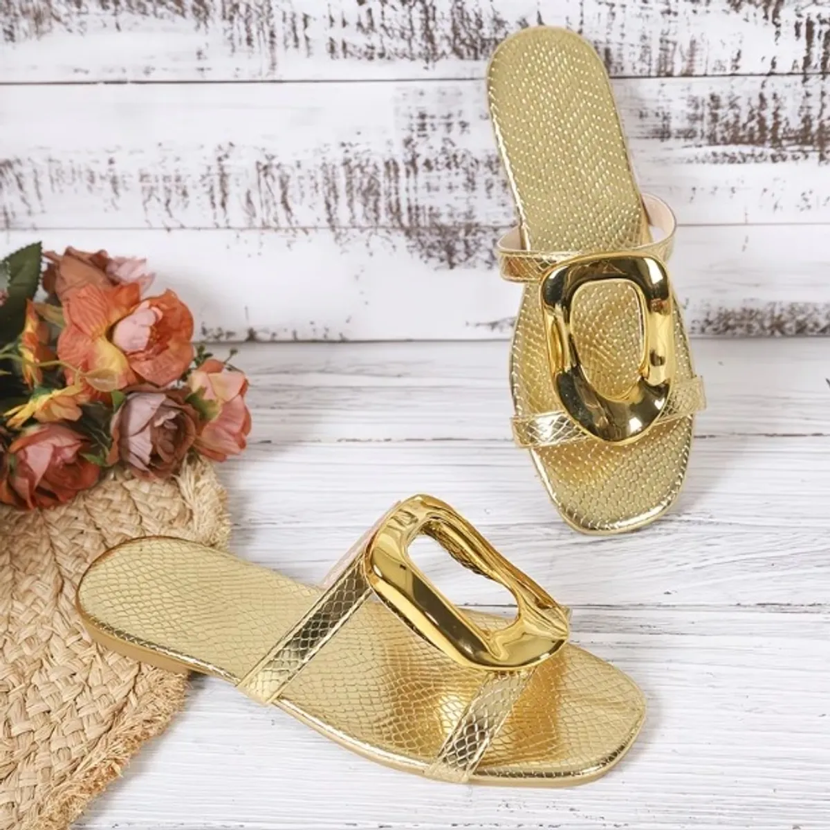 New Sequin Stripe Large Buckle Minimalist Square-toe Embellished Flat Slippers - Size 8