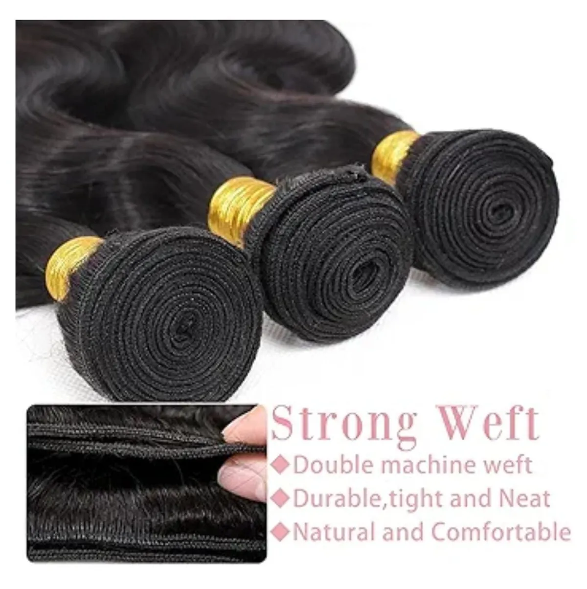 Natural Black Body Wave Human Hair 16, 18, 20 Inch Bundles