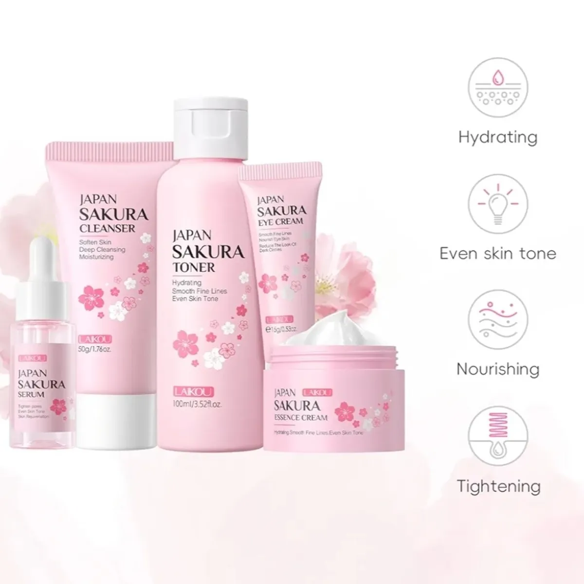 1pk LAIKOU SAKURA  Skin Care Set, Face Mask, Eye Mask, Lip Mask with Serum, Cleanser, Toner, Eye Cream