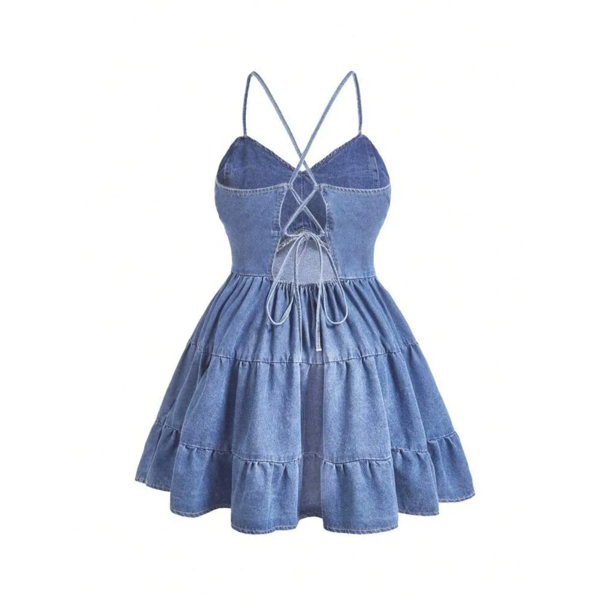 Women Minimalist Pleated Spaghetti Strap Casual Short Denim Dress  -Size XS