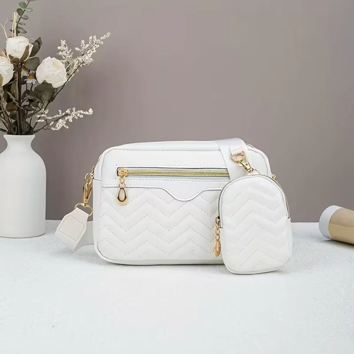White Stylish Square Shoulder Bag For Women With Small Detachable Purse And Quilted Design