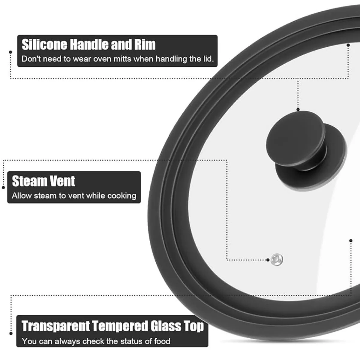 Universal Silicone Lid for Pots, Pans and Skillets, Pan Cover Fit 9", 10 ",11” Diameter Cookware With Tempered Glass
