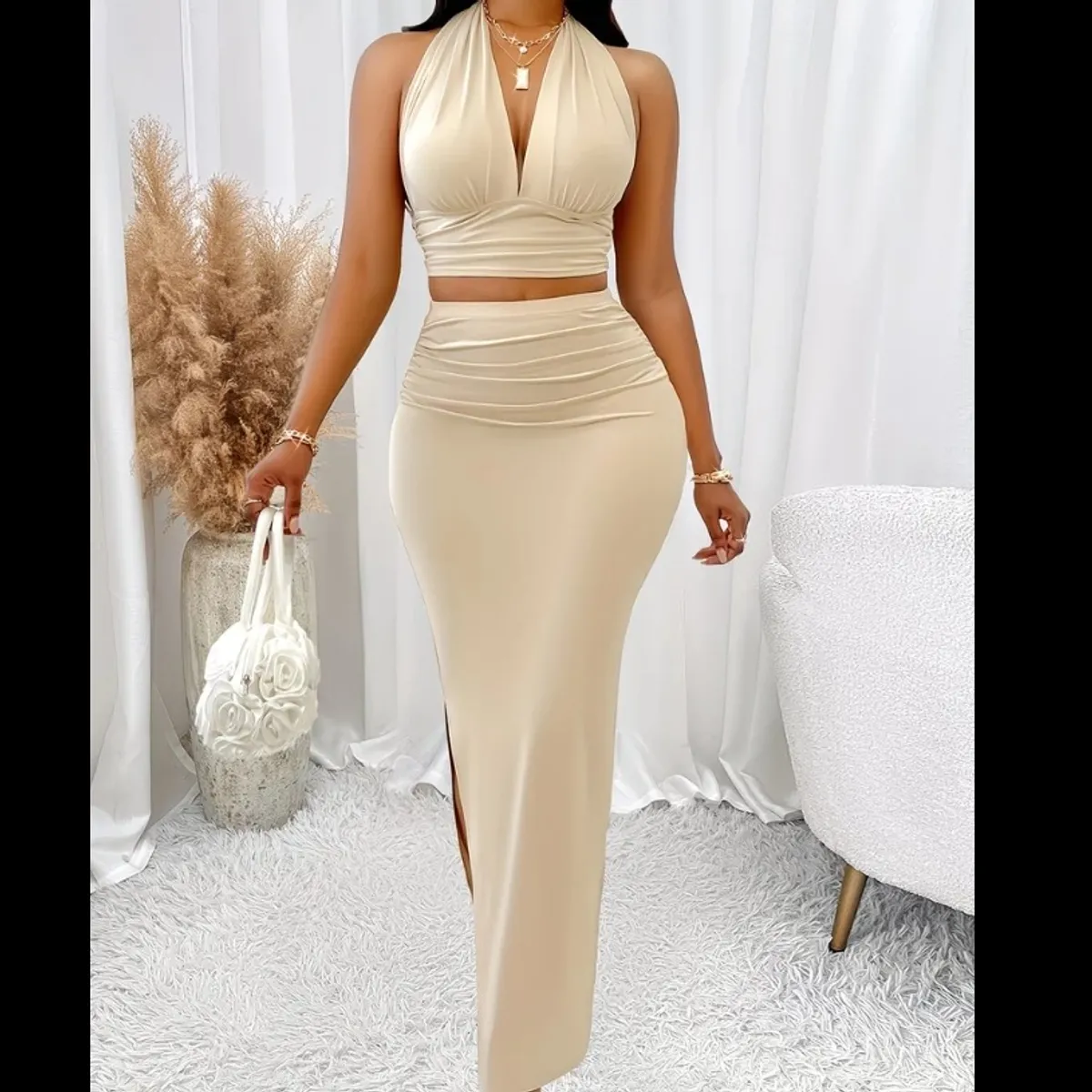 Women'S Elegant Two-Piece Set Featuring a V-Neck Halter Top And a Skirt - Size S