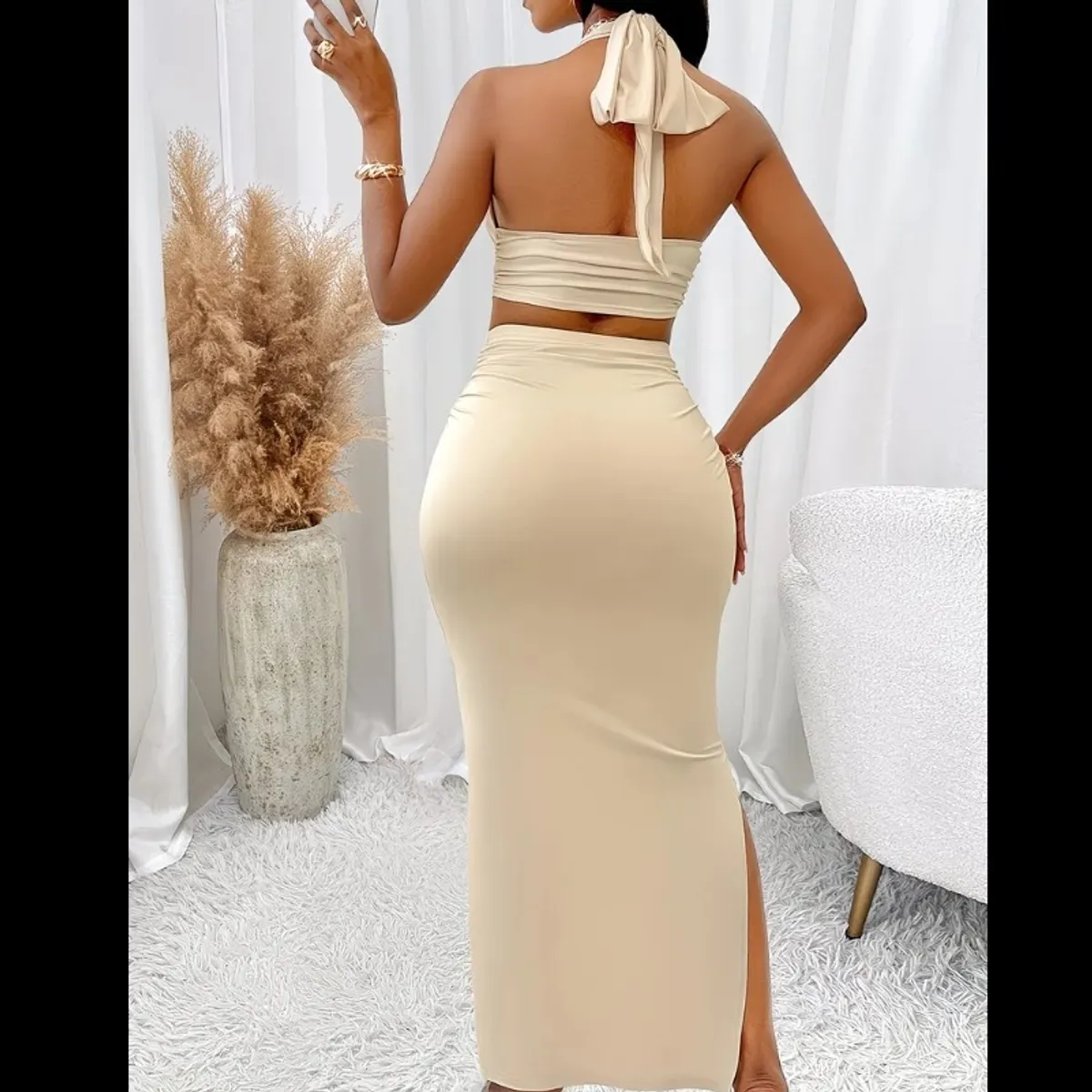 Women'S Elegant Two-Piece Set Featuring a V-Neck Halter Top And a Skirt - Size S