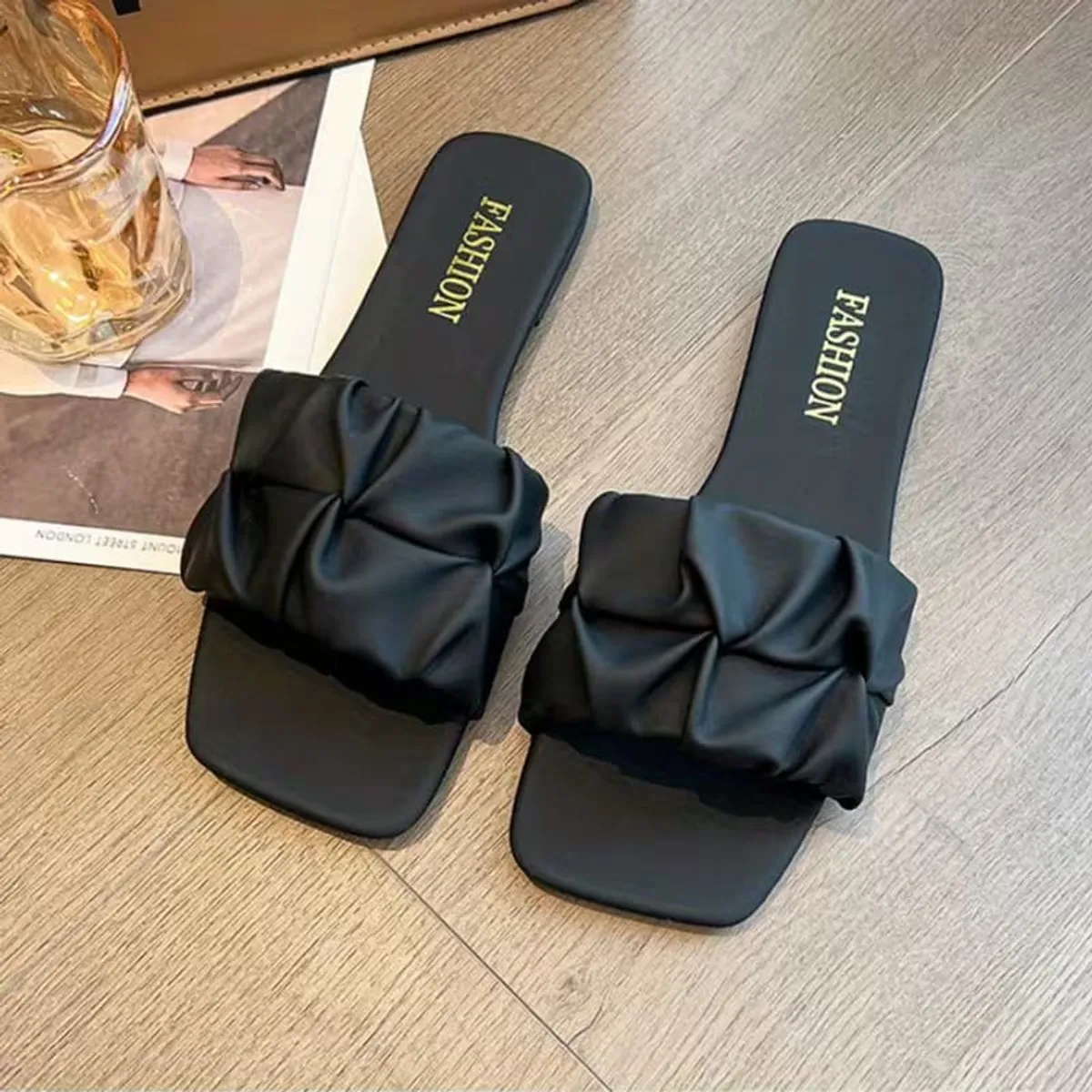 Women's Ruched Black Flat Slides - Size 11