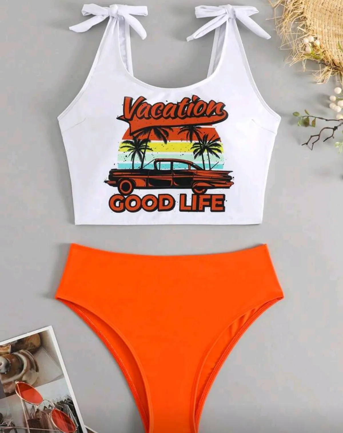 Women's Summer Beach Letter & Palm Tree Print Tankini 2-Piece Swimwear Set - Size L