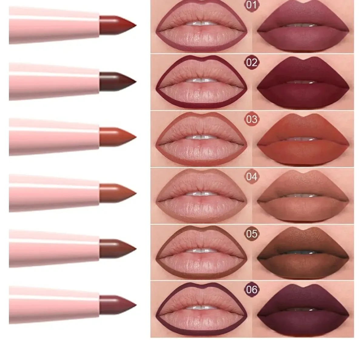 6 Colors Retractable Lip Liner Kit for Define & Sculpting Lips Shades, Long Lasting Waterproof High Pigment Matte Finish Creamy Texture Lip Liner Pencil Set for Women, #01